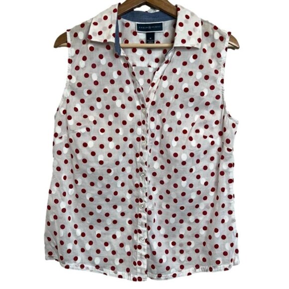 Karen Scott Womens Size Medium Red White Polka Dot Sleeveless Button Up Blouse - Picture 1 of 9